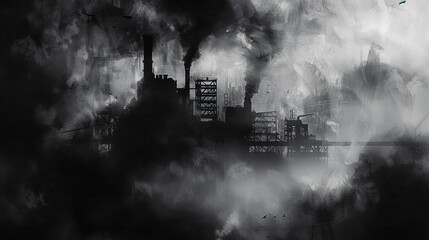 Fototapeta premium A highly atmospheric scene portraying an industrial plant emitting large amounts of smoke, symbolizing pollution and environmental concerns amidst a dark background.