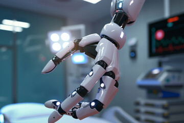 A futuristic robotic hand with illuminated joints gently reaching out in a high-tech medical setting, surrounded by advanced monitors and equipment.