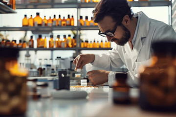 A dedicated scientist in a lab coat, working amidst rows of amber glass bottles, signifies precision and meticulous research in the lab.