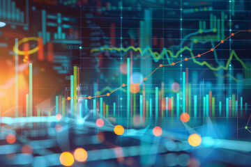 A dynamic display of fluctuating stock market graphs and charts glowing with vibrant colors, representing financial analysis and data trends.