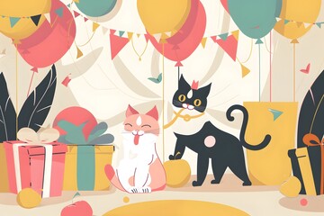 Cartoon cats celebrating a festive occasion with balloons, gifts, and colorful decorations.