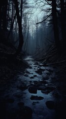 Obraz premium A stream flows through a dense forest as the sun begins to rise