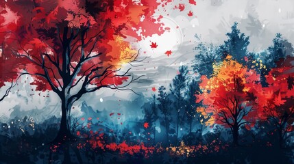 Vibrant autumn forest scene with trees showcasing fiery red, orange, and yellow leaves under a cloudy sky, capturing the essence of seasonal change and artistic beauty.