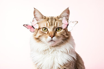 Fototapeta premium Fluffy Cat with Pink Butterflies