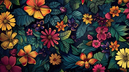 Beautifully crafted image featuring an assortment of vibrant and colorful flowers amidst lush green leaves, creating a mesmerizing display of nature's beauty.