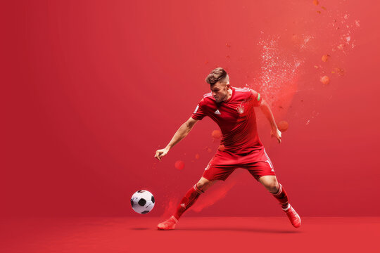 A dynamic soccer player in a vibrant red uniform skillfully traps a soccer ball against a vivid red backdrop with splashes of energy. - Powered by Adobe