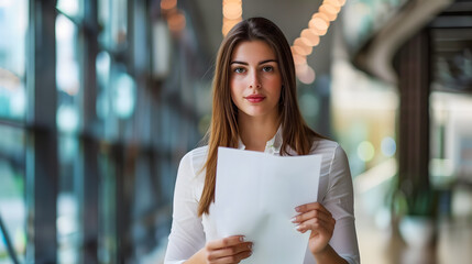 Jeune femme tenant des documents dans un environnement de bureau moderne et lumineux.