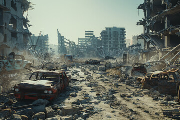 A desolate urban street littered with the remnants of destroyed buildings and rusting vehicles, depicting the stark aftermath of catastrophic devastation.