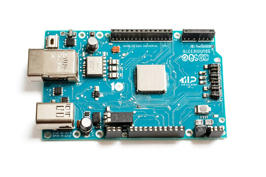 Close-up of a blue circuit board with various components