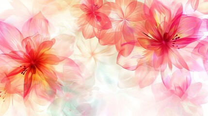 Obraz premium Translucent flowers in vibrant red, pink, and orange hues against a light, airy background, creating a serene and uplifting visual effect.