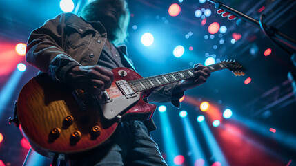 Obraz premium Rock guitarist performing live on stage under colorful lights