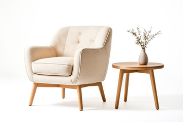 Fototapeta premium Beige armchair with wooden legs and a wooden side table