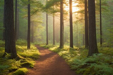 Obraz premium Golden sunlight streams through forest of tall trees illuminating winding path covered in ferns