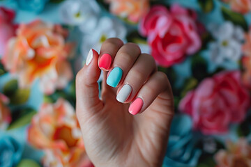 Naklejka premium A hand showcasing a vibrant manicure against a colorful backdrop of flowers in full bloom, creating a cheerful and artistic vibe.