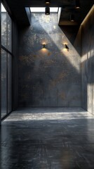 Sunlight streams through a skylight in a modern industrial space with exposed concrete walls and a polished floor.