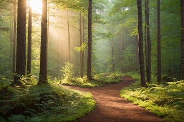 Obraz premium Path winds through lush green forest bathed in warm sunlight