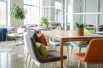 Obraz premium A chic indoor café with vibrant chairs, modern furniture, and large windows, inviting natural light and fostering a welcoming atmosphere.