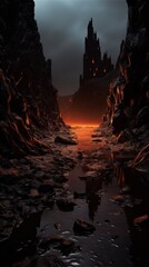 Naklejka premium A dark, mysterious city appears through a narrow, crimson-lit gorge