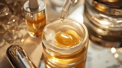 Golden Serum Dropped into Cream Jar on a Reflective Surface