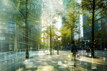 A futuristic cityscape with trees is overlaid by a network of digital lines and data points, merging nature with technology.