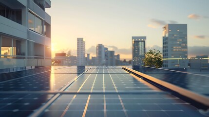 Fototapeta premium Solar Panels on a Rooftop with City Skyline