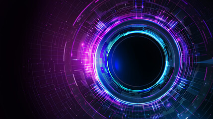 Digital blue and purple tech circle on dark background. Science, futuristic digital technologies concept. 