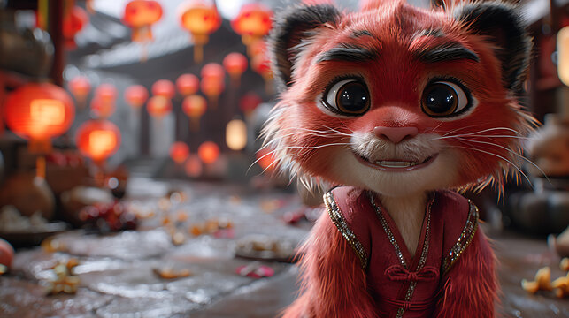 Hyper-realistic image of a festive scene celebrating Lunar New Year with intricate lanterns, dragons, and fireworks, all illustrated in vibrant and dynamic colors to convey joy and prosperity 