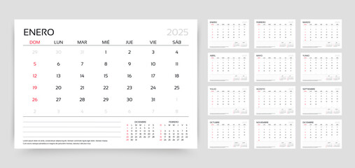 Calendar 2025 year. Spanish planner template. Week starts Sunday. Calender layout. Yearly corporate organizer. Desk schedule grid. Horizontal monthly diary with 12 month. Vector simple illustration