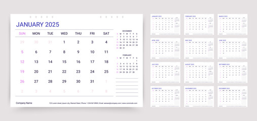 Calendar for 2025 year. Planner template. Calender organizer with 12 month. Week starts Sunday. Table schedule grid. Desk monthly diary layout. Horizontal design. Vector illustration. Paper size A5.