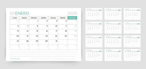 2025 Spanish calendar. Planner template. Calender layout with 12 month. Week starts Monday. Yearly table organizer. Monthly diary with pages. Desk schedule grid. Vector illustration. Horizontal design