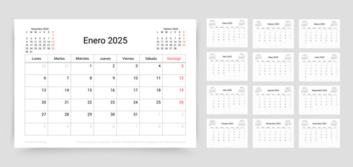 Spanish calendar for 2025. Calender template. Week starts Monday. Planner layout with 12 month. Yearly table organizer. Desk schedule grid. Horizontal monthly diary with pages. Vector illustration