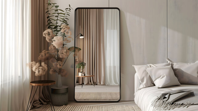 Un int&eacute;rieur minimaliste avec un grand miroir, un vase de fleurs s&eacute;ch&eacute;es, une petite table et un lit avec des coussins blancs.