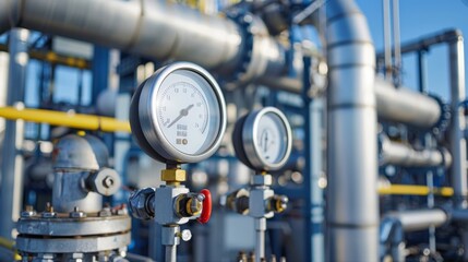  Industrial gas equipment. Thin pipes with manometer. Equipment for metering used gas. Fragment of boiler system. Energy distribution technologies. Galvanized gas equipment. Propane recycling system. 