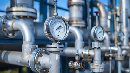 Fototapeta premium Industrial gas equipment. Thin pipes with manometer. Equipment for metering used gas. Fragment of boiler system. Energy distribution technologies. Galvanized gas equipment. Propane recycling system. 
