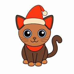 Vector illustration of a cute cat in a Christmas hat with black silhouette on white background combining Halloween and festive themes