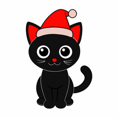 Vector illustration of a cute cat in a Christmas hat with black silhouette on white background combining Halloween and festive themes