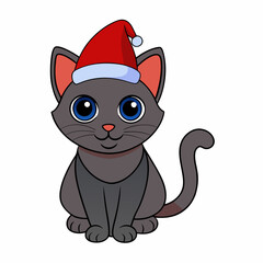 Vector illustration of a cute cat in a Christmas hat with black silhouette on white background combining Halloween and festive themes