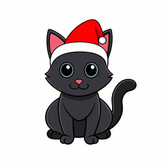 Vector illustration of a cute cat in a Christmas hat with black silhouette on white background combining Halloween and festive themes