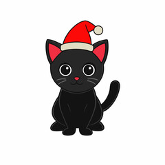 Vector illustration of a cute cat in a Christmas hat with black silhouette on white background combining Halloween and festive themes