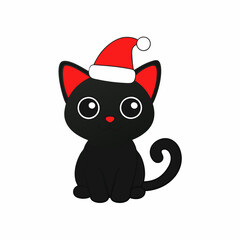 Vector illustration of a cute cat in a Christmas hat with black silhouette on white background combining Halloween and festive themes
