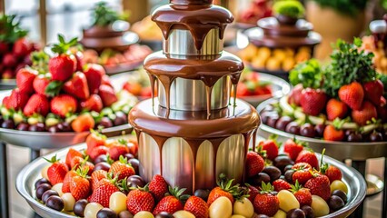 Decadent, velvety chocolate fountain cascades with juicy fruits and cream icing, perfect for luxurious celebrations and grand indulgent affairs.