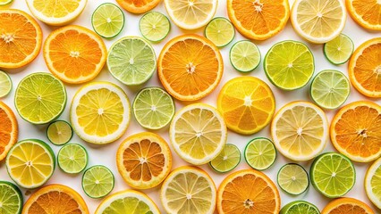 Vibrant sliced oranges, lemons, and limes arranged in a seamless, modern, and colorful repeating pattern on a clean white background.