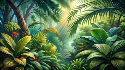 Vibrant tropical rainforest scene featuring lush palm leaves, exotic plants, and dense foliage in a stunning, intricately detailed illustration.