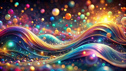 Vibrant, mesmerizing abstract waves of iridescent bokeh, swirling dots, and futuristic technology elements in a kaleidoscope of colors.