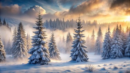 Obraz premium Frozen misty landscape featuring snow-encrusted evergreens cloaked in ethereal fog, evoking peaceful solitude and winter's mystical allure.