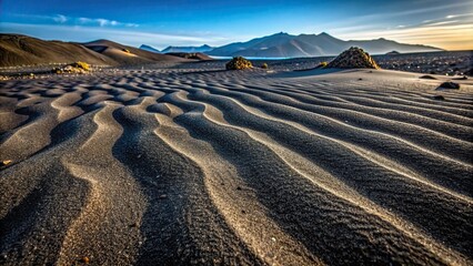 Dark, coarse, glossy volcanic sand surface with intricate patterns and subtle glints, evoking a sense of prehistoric, rugged, natural beauty.