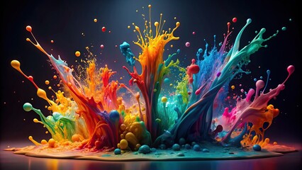 Vibrant splashes of colorful paint or ink on a dark background, forming an abstract, expressive, and dynamic composition for design elements.