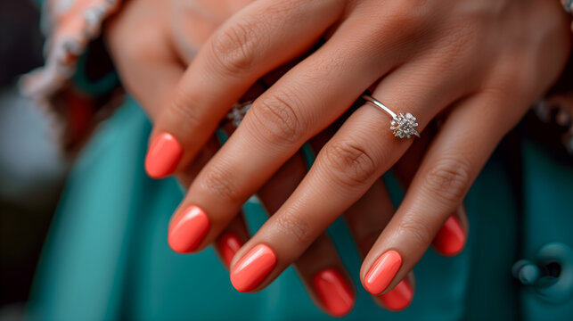 Gros plan de mains manucur&eacute;es avec des ongles vernis de couleur corail et une bague orn&eacute;e d'un diamant.