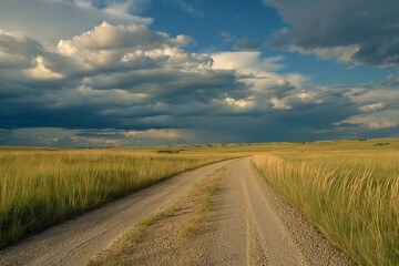 Fototapeta premium A road in a field with a cloudy sky in the background. Road to somewhere concept