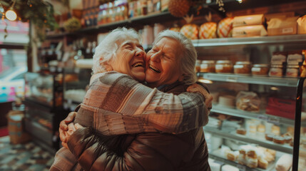 Fototapeta premium Two elderly women share a heartfelt embrace, filled with laughter and joy, surrounded by shelves of goods in a cozy store.